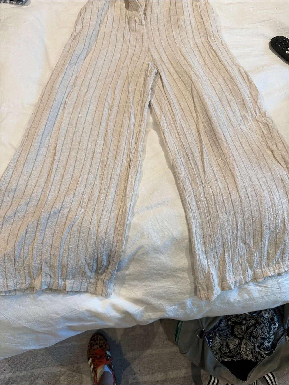 Zara Linen Blend Halter Wide Leg Jumpsuit Open Back Beige Stripe Size M